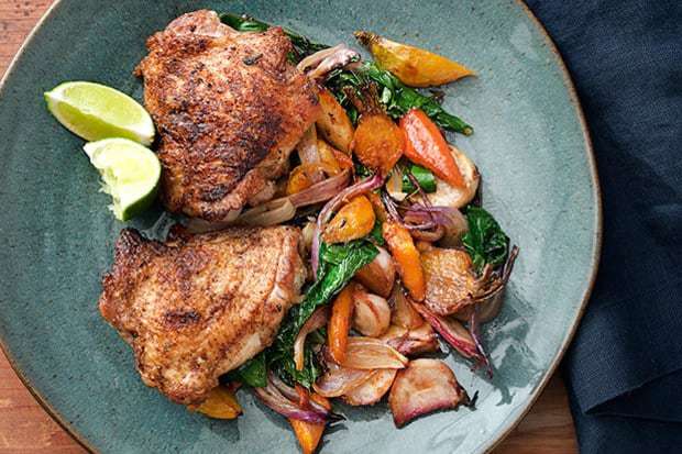 Coriander Chicken Thighs With Miso-Glazed Root Vegetables