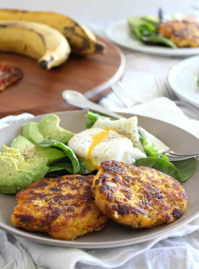 Plantain Bacon Fritters With Avocado And Poached Egg