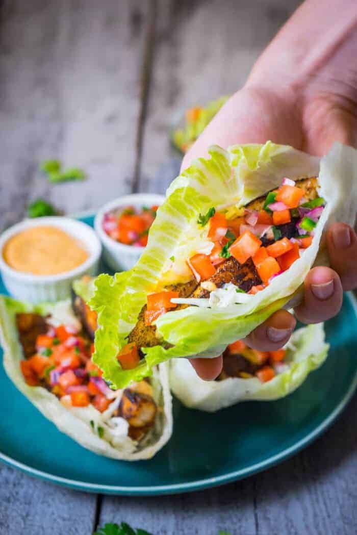 Blackened Mahi Lettuce Tacos with Cajun Remoulade