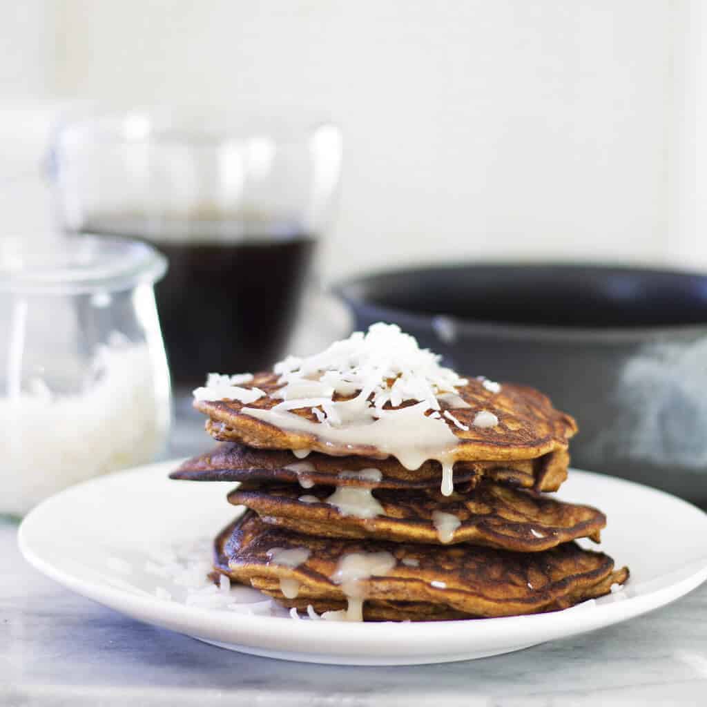 Pumpkin Pancakes With Maple Coconut Butter Drizzle