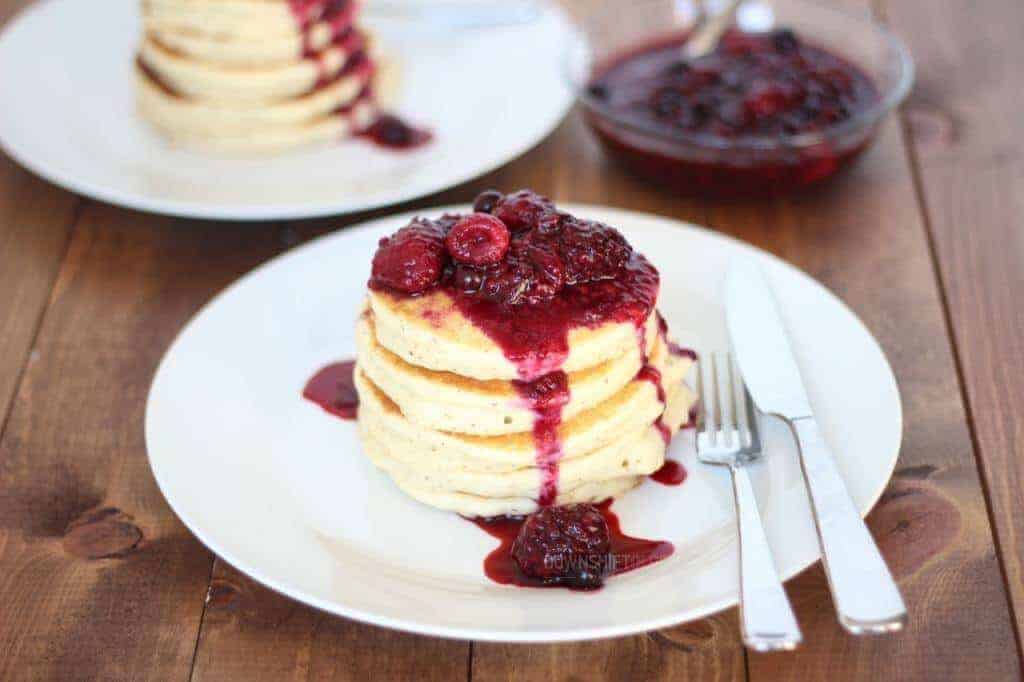 Paleo Pancakes (Nut-Free) With Triple Berry Compote
