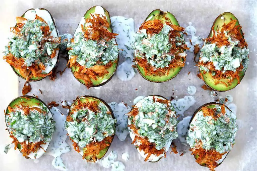 Paleo Stuffed Avocados with Cilantro Cream Sauce