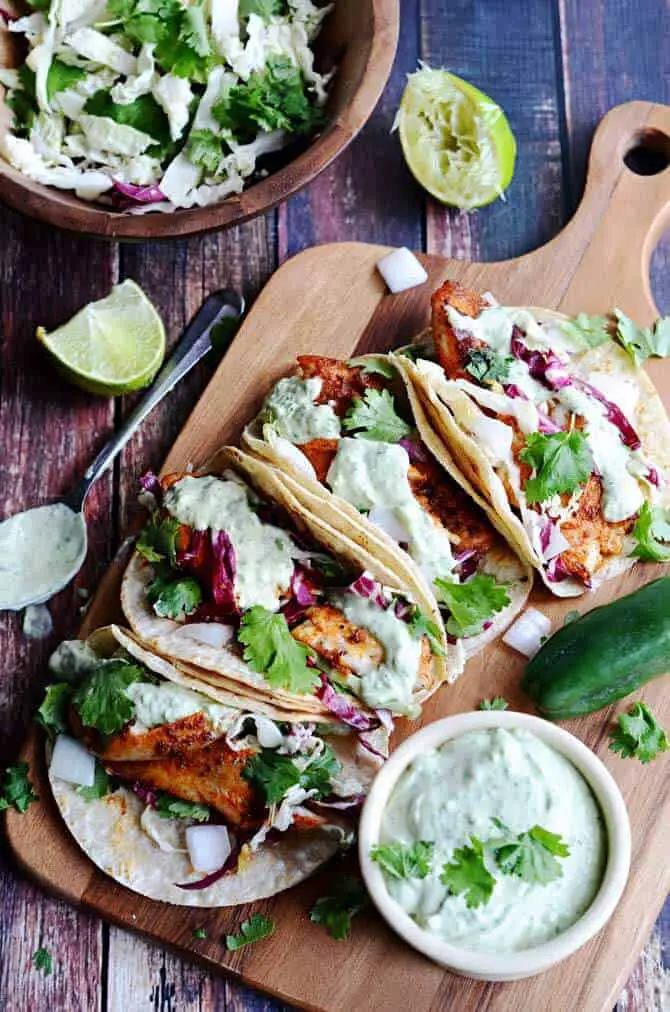 Blackened Fish Tacos with Avocado-Cilantro Sauce