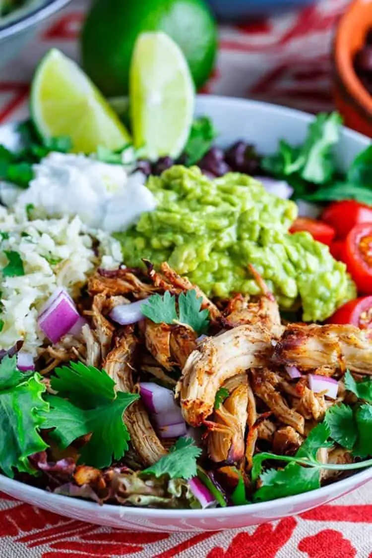 Chicken Carnitas Burrito Bowl with Cilantro Lime Cauliflower Rice