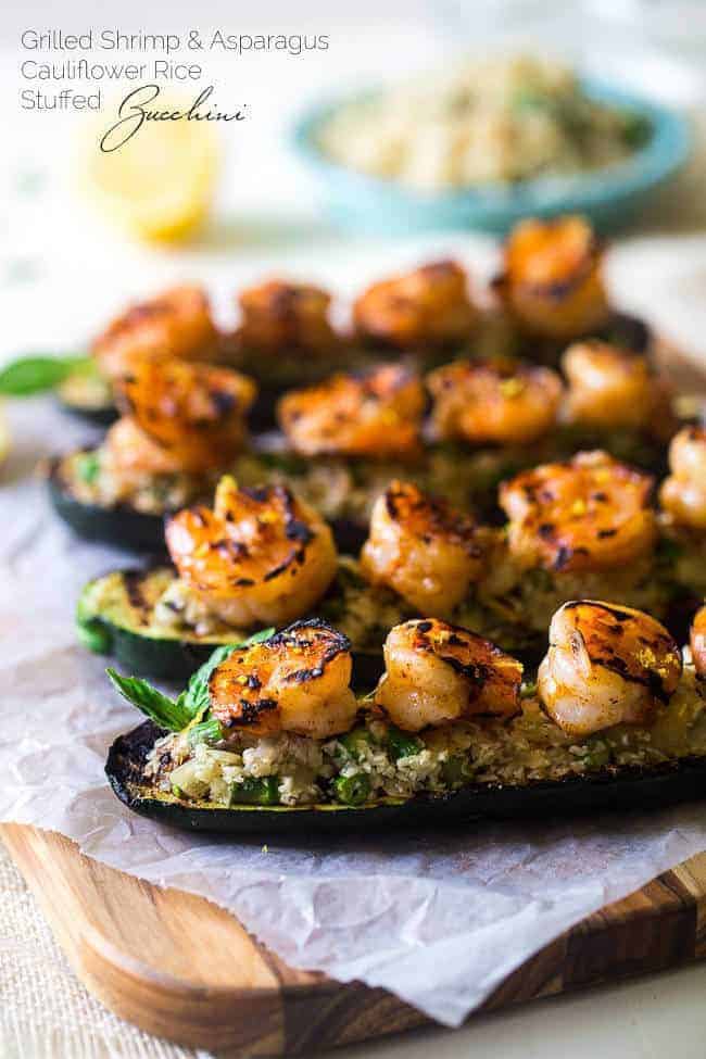 Cauliflower Rice Stuffed Grilled Zucchini with Shrimp