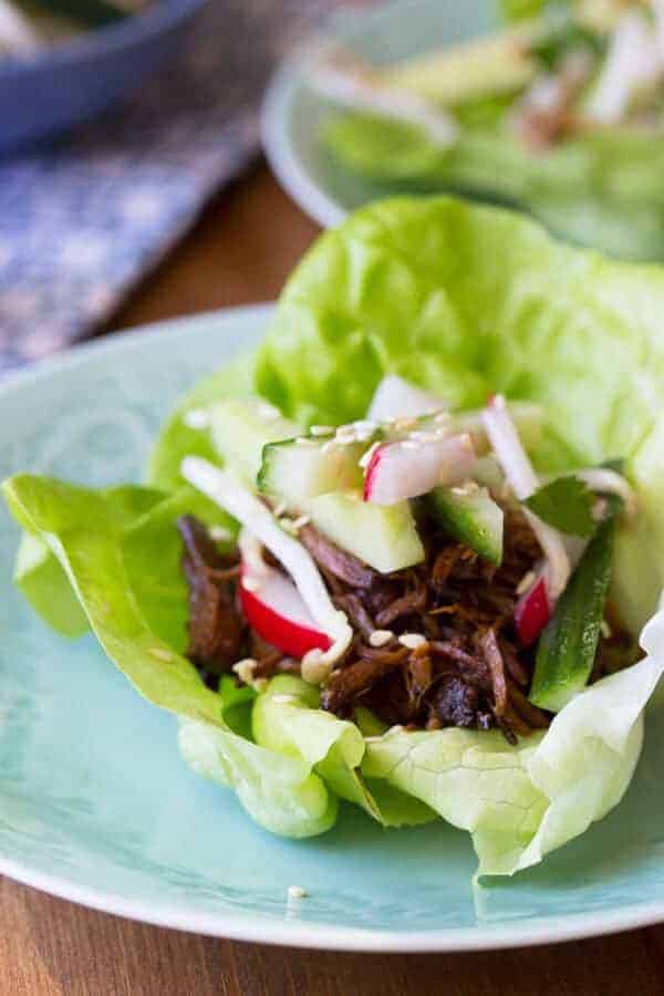 Slow Cooker Korean Beef Lettuce Wraps with a Sesame Cucumber Salad